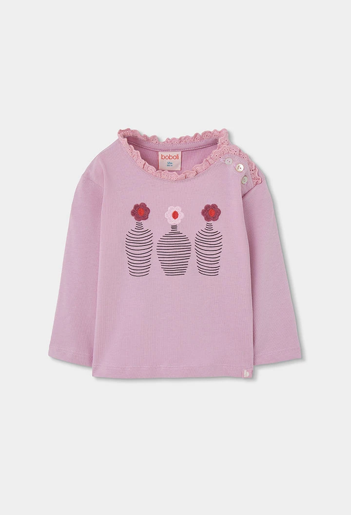 Maglietta in maglia bambina rosa ricamo vasi fiori