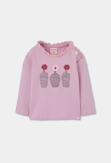 Maglietta in maglia bambina rosa ricamo vasi fiori