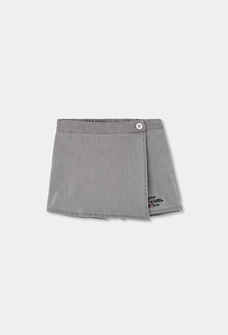 Grey denim skort with embroidery