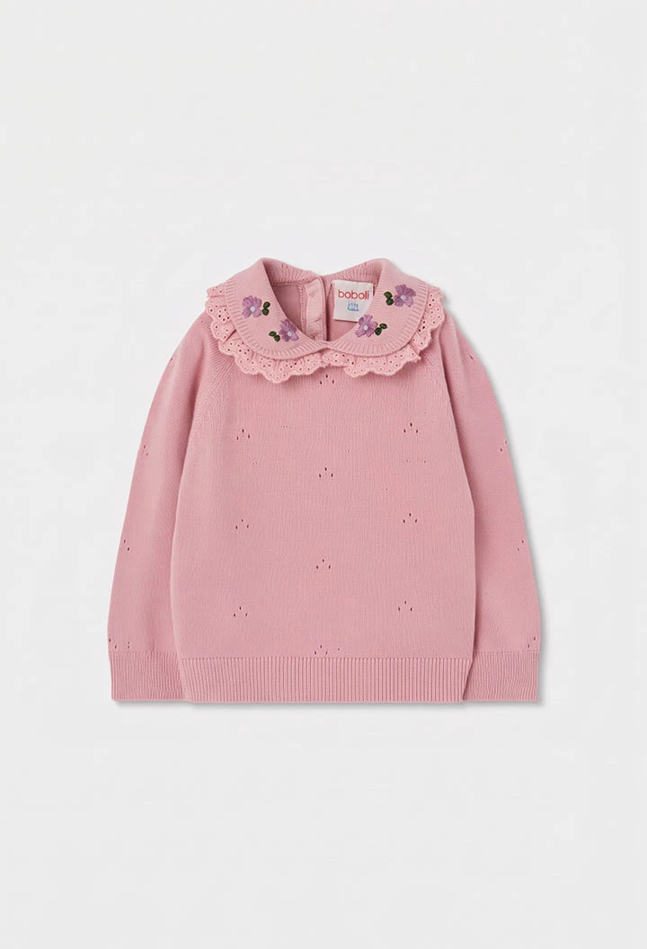 Maglione bambina rosa con collo ricamato di fiori