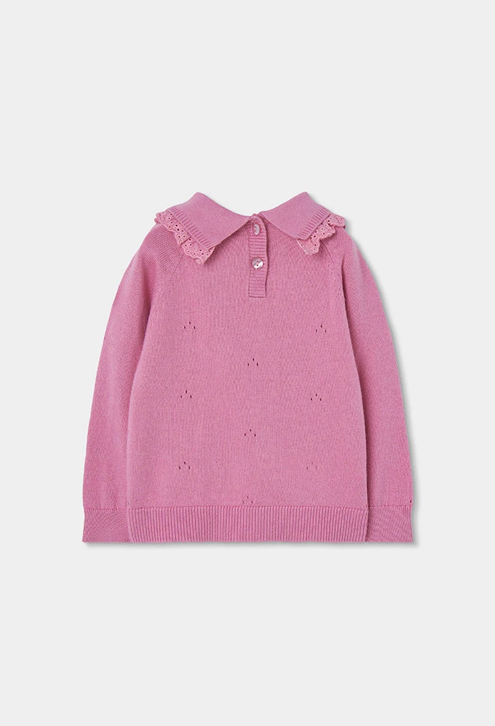 Pull fille rose avec col brodé de fleurs