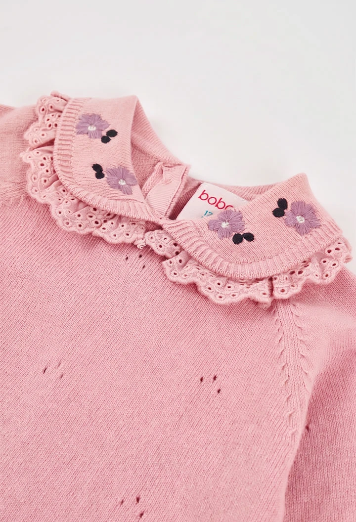 Pink girls\' jumper with embroidered floral collar