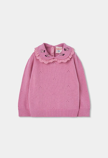 Jersey niña rosa con cuello bordado de flores