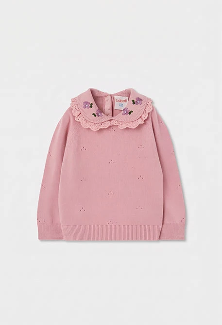 Jersey niña rosa con cuello bordado de flores