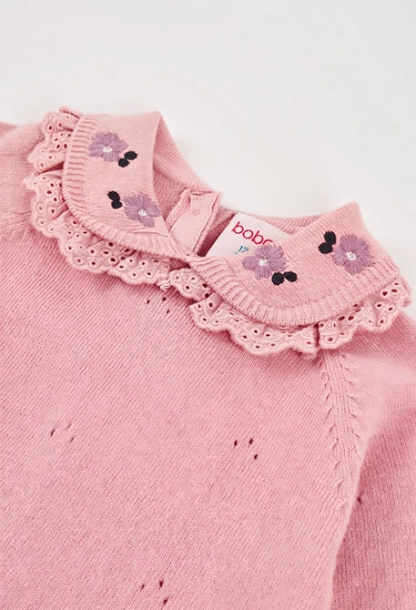 Mädchen-Pullover in Rosa mit besticktem Blumenkragen