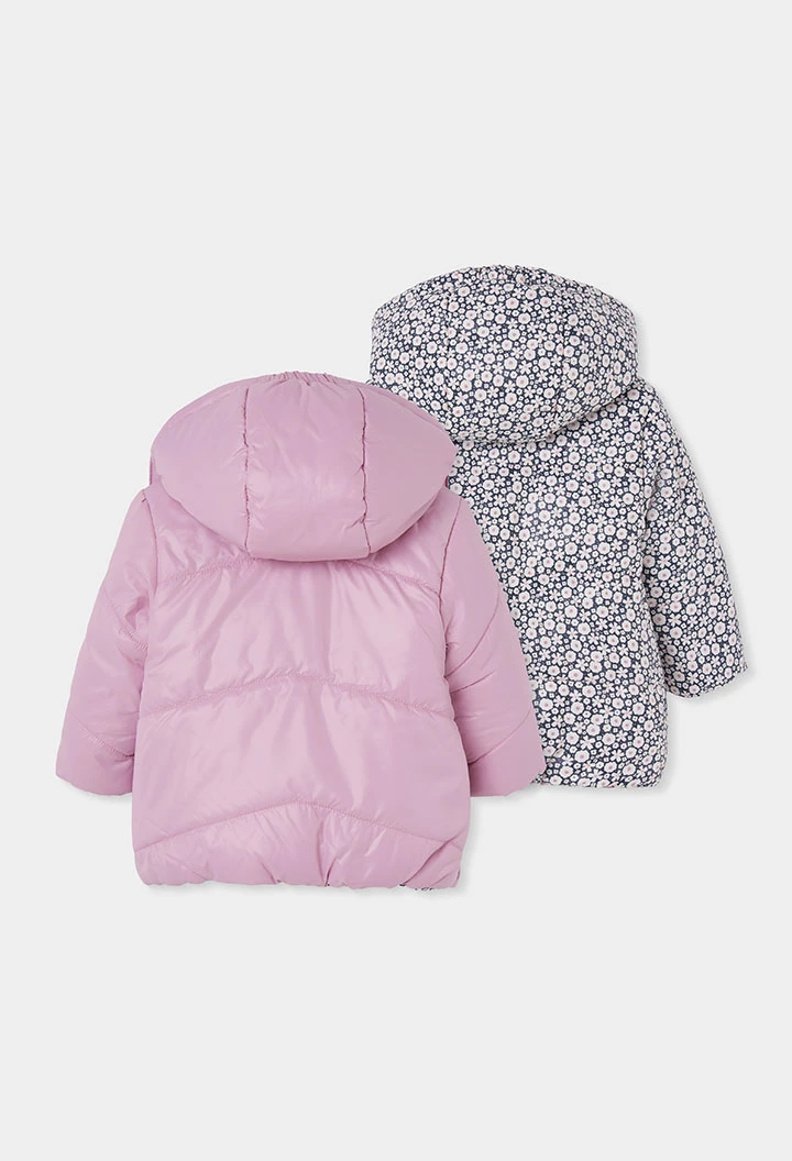 Reversible floral technical knit girls\' parka in pink