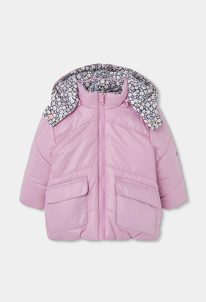 Reversible floral technical knit girls\' parka in pink