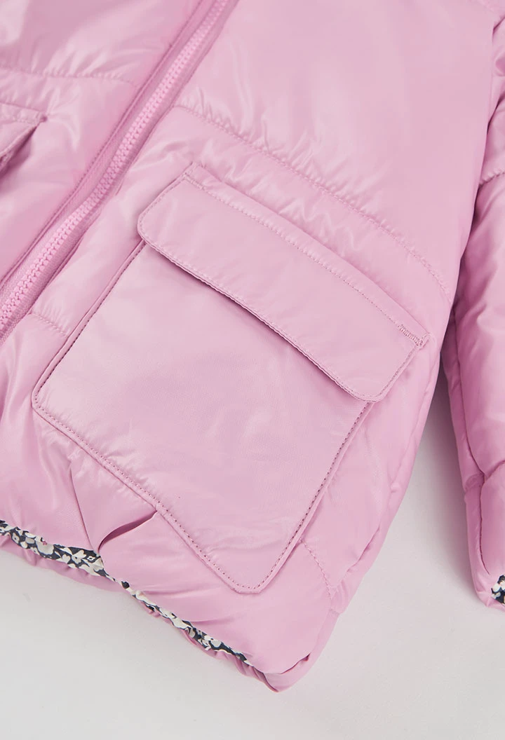 Parka tissu technique fille rose réversible fleurs