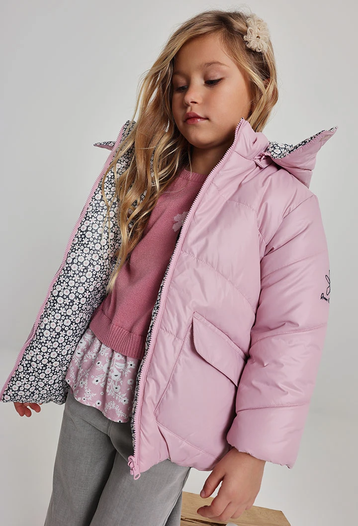 Reversible floral technical knit girl's parka in pink