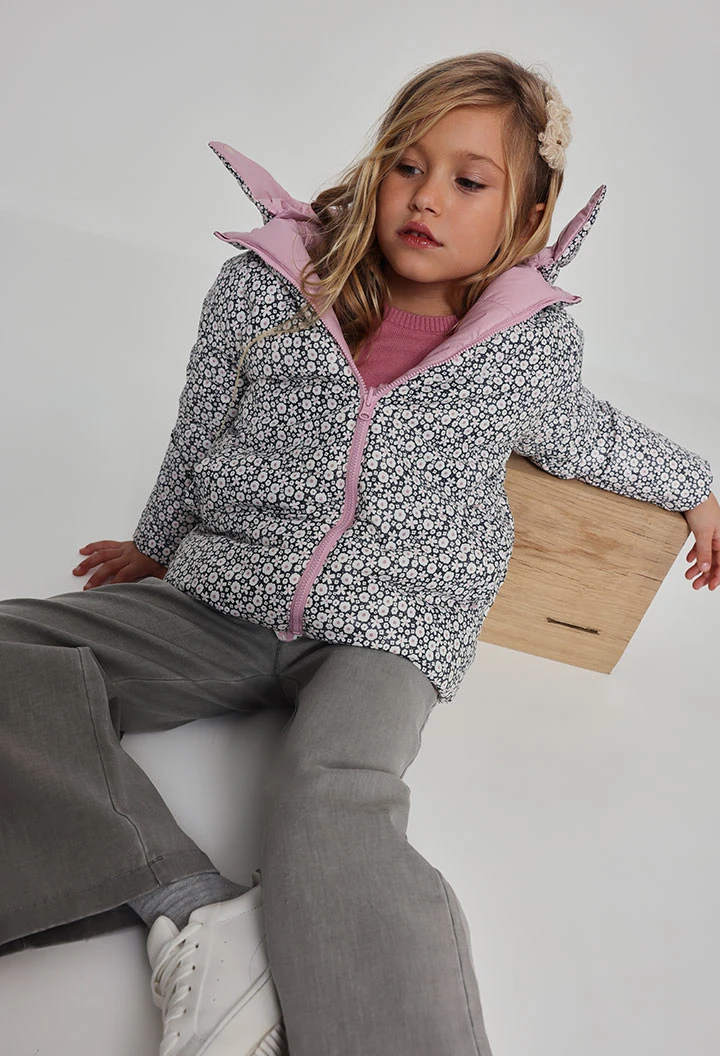 Parka tessuto tecnico bambina rosa reversibile fiori