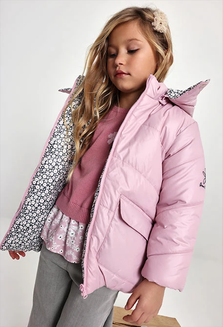 Reversible floral technical knit girls\' parka in pink