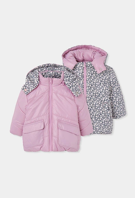 Reversible floral technical knit girls\' parka in pink