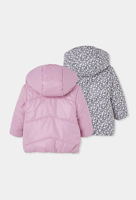 Reversible floral technical knit girls\' parka in pink