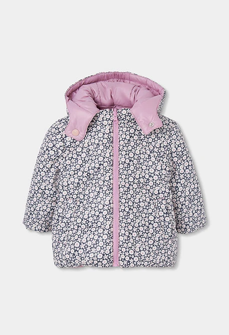 Reversible floral technical knit girls\' parka in pink