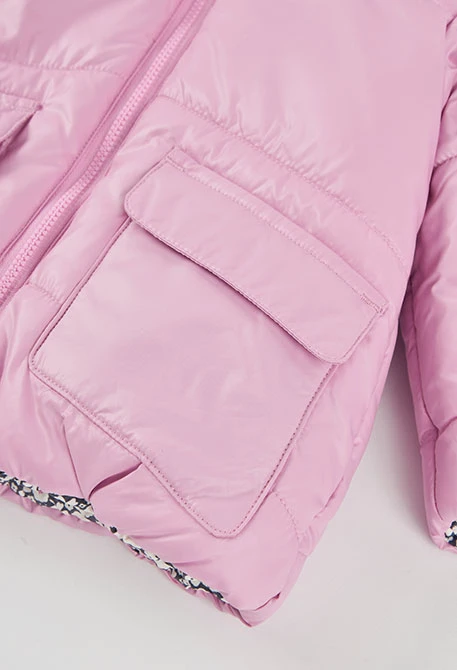Reversible floral technical knit girls\' parka in pink