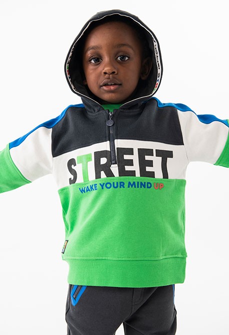 Fleece sweatshirt for baby boy with print and green hood