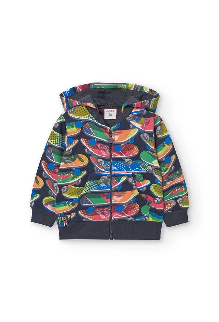 Printed fleece jacket for baby boy with snowboard design