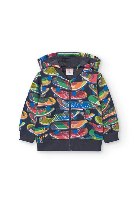 Printed fleece jacket for baby boy with snowboard design