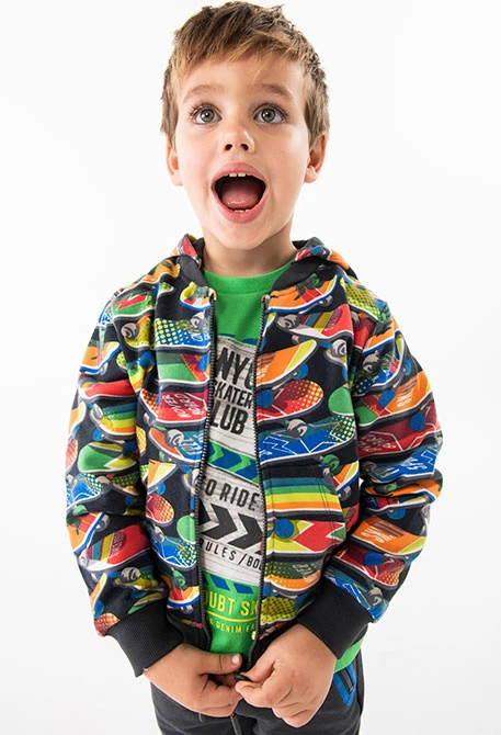 Printed fleece jacket for baby boy with snowboard design