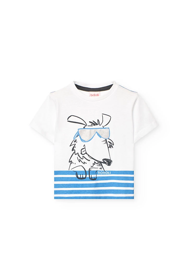 Basic white knit T-shirt for baby boy with dog print