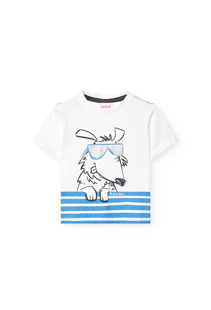 Basic white knit T-shirt for baby boy with dog print