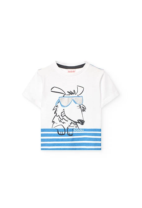 Basic white knit T-shirt for baby boy with dog print