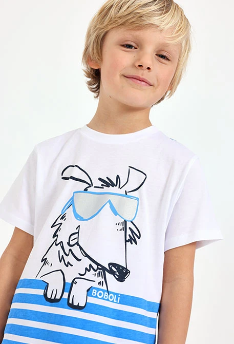 Basic white knit T-shirt for baby boy with dog print