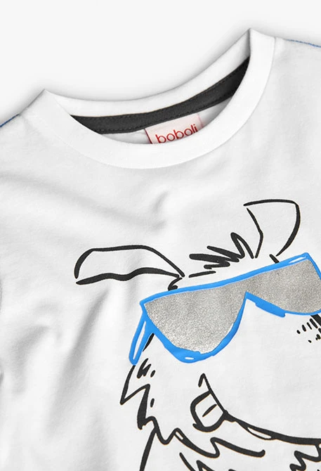 Basic white knit T-shirt for baby boy with dog print