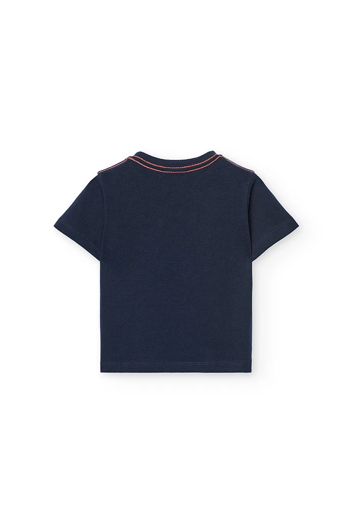 T-shirt de malha para bebé menino em azul-marinho com estampado