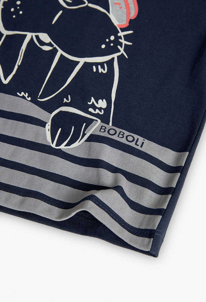 T-shirt de malha para bebé menino em azul-marinho com estampado