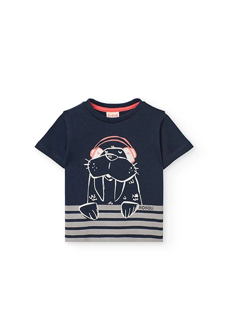 Knitted T-shirt for baby boy in navy blue with print
