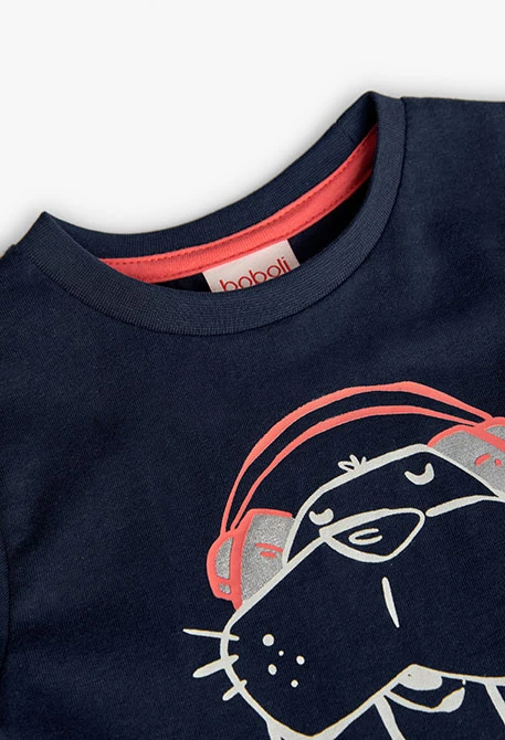 Knitted T-shirt for baby boy in navy blue with print
