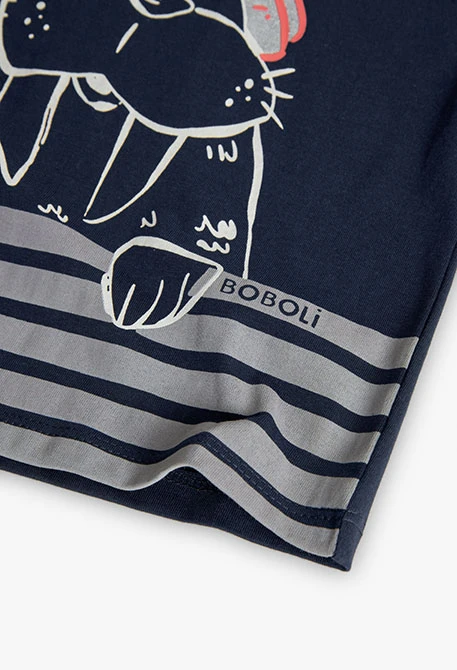 Knitted T-shirt for baby boy in navy blue with print