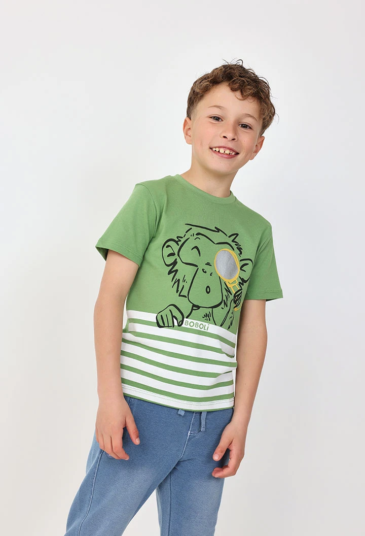 T-shirt basique en maille pour bébé garçon en vert avec imprimé de singe.
