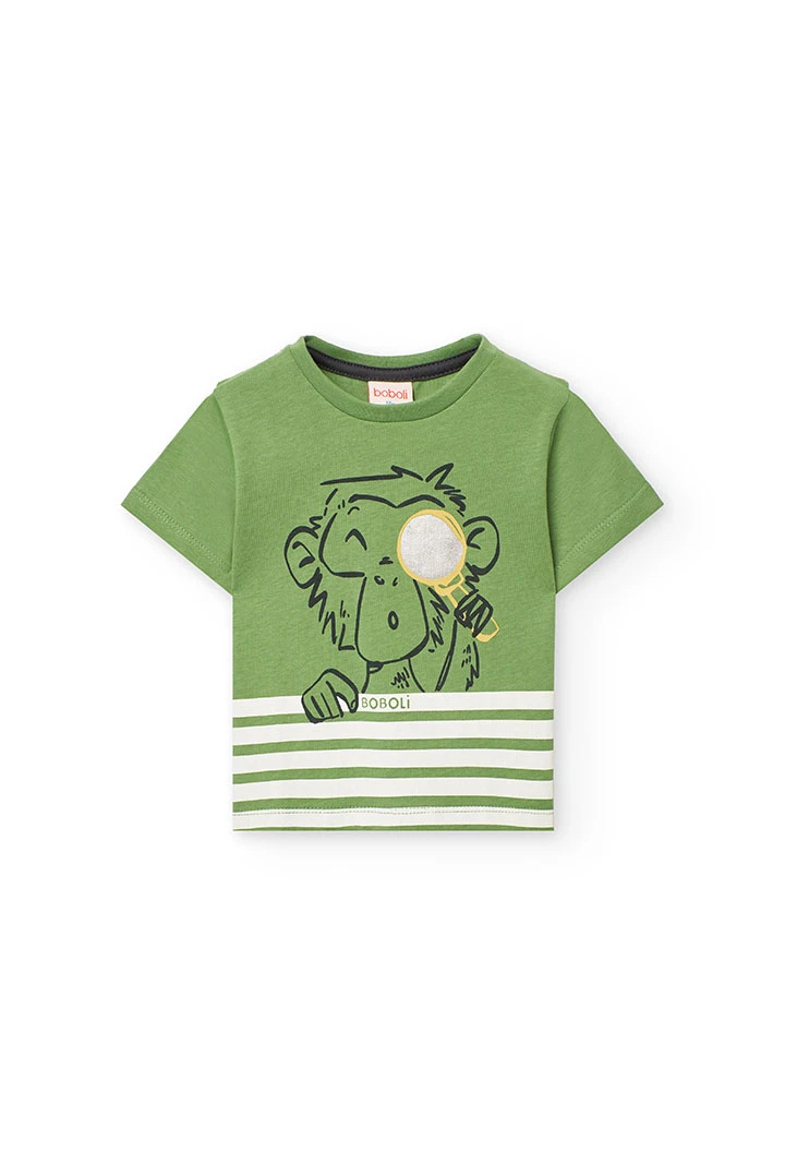 T-shirt basique en maille pour bébé garçon en vert avec imprimé de singe.