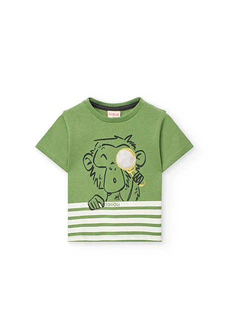 Basic knit T-shirt for baby boy in green with monkey print
