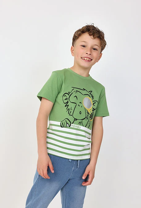 Basic knit T-shirt for baby boy in green with monkey print