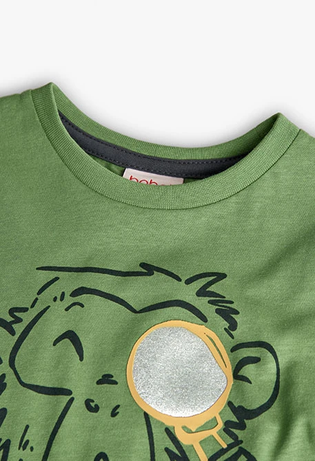 Basic knit T-shirt for baby boy in green with monkey print