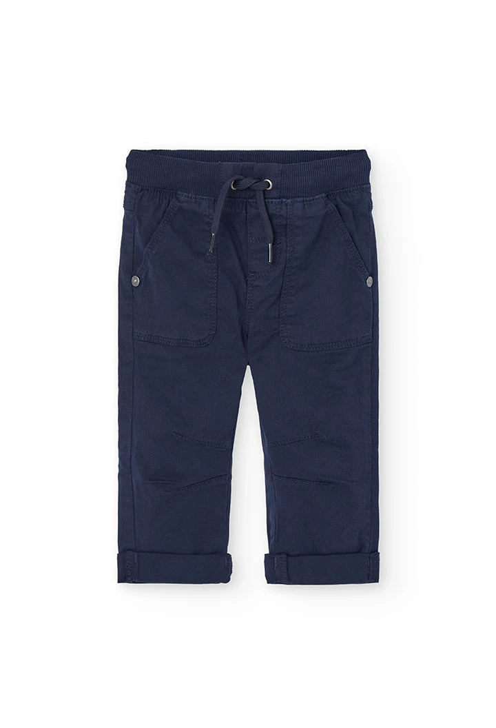 Calças de gabardina elástica para bebé menino em azul-marinho