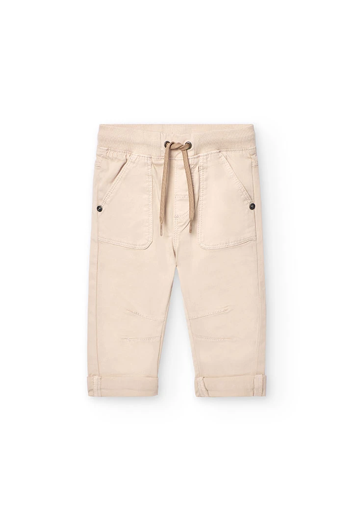Elastic gabardine trousers for baby boy in beige