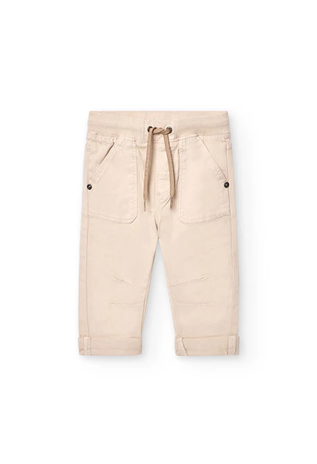 Elastic gabardine trousers for baby boy in beige