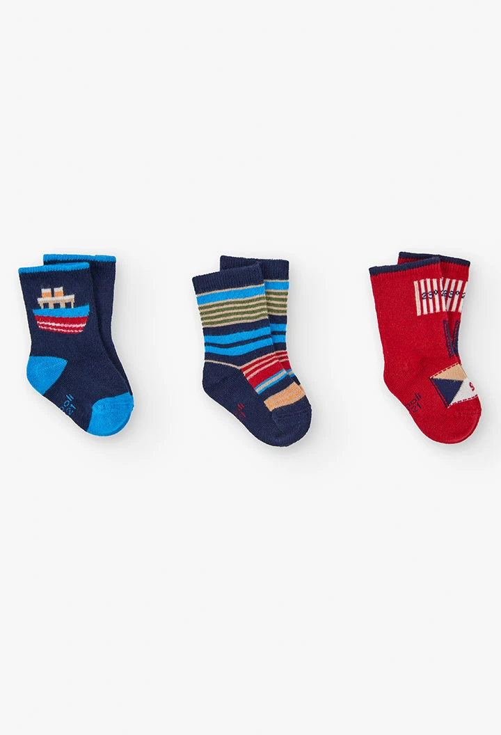 Pack of navy blue knit socks with striped boats