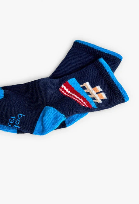 Pack Socken dunkelblau gestrickt mit Streifen und Schiffen
