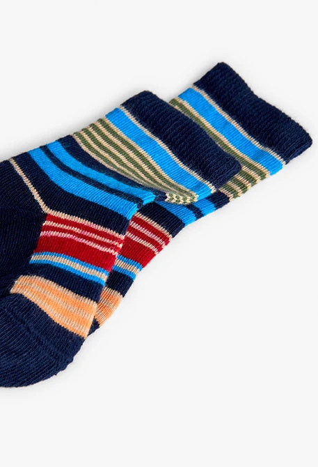 Pack of navy blue knit socks with striped boats