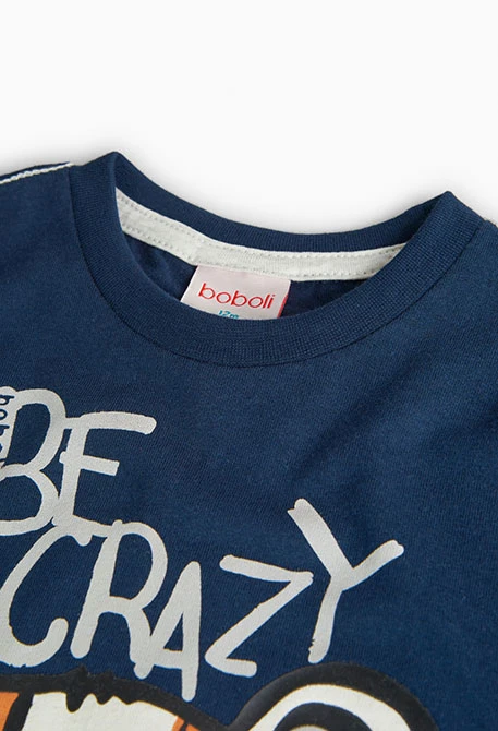 Basic knitted T-shirt for baby boy printed in navy blue