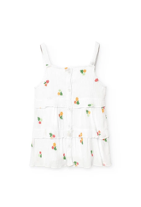 Top de bambula para niña con diseño de flores en color blanco
