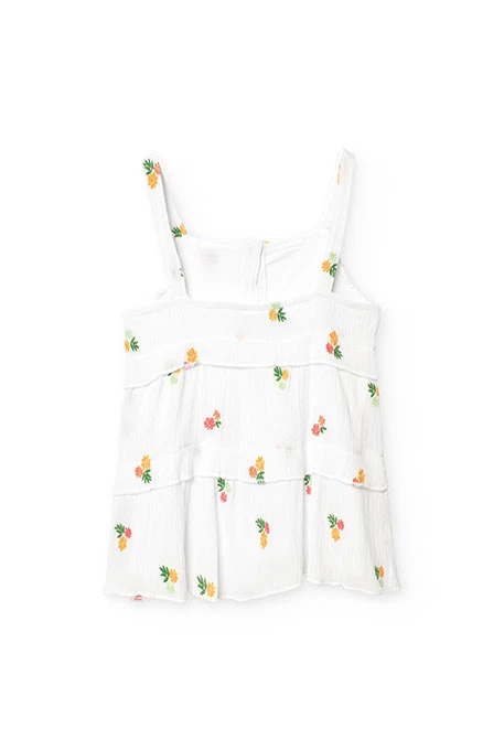Top de bambula para niña con diseño de flores en color blanco