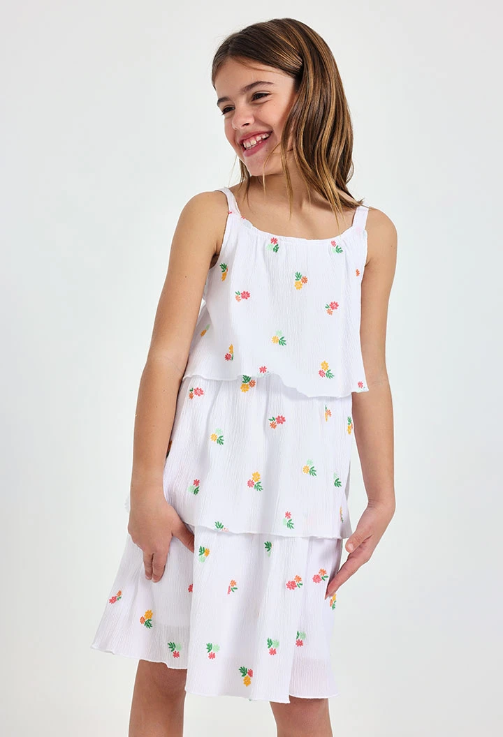 Vestido de bambula para menina com design de flores em cor branca
