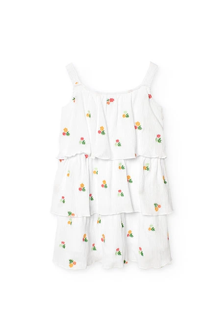Vestido de bambula para menina com design de flores em cor branca