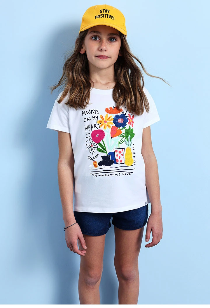 T-shirt de malha para menina em branco com estampado de flores